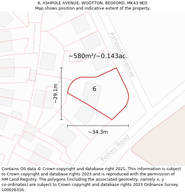 6, ASHPOLE AVENUE, WOOTTON, BEDFORD, MK43 9ED: Plot and title map