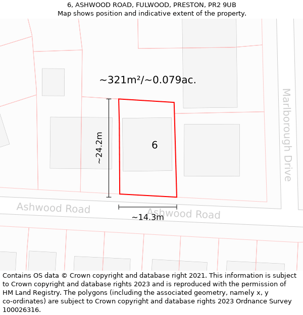 6, ASHWOOD ROAD, FULWOOD, PRESTON, PR2 9UB: Plot and title map