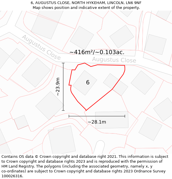 6, AUGUSTUS CLOSE, NORTH HYKEHAM, LINCOLN, LN6 9NF: Plot and title map