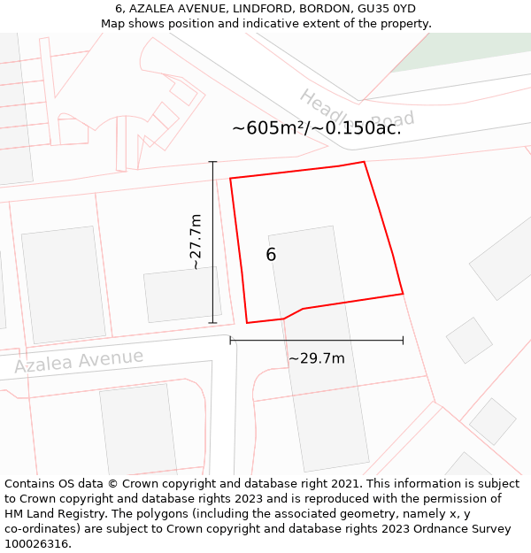 6, AZALEA AVENUE, LINDFORD, BORDON, GU35 0YD: Plot and title map