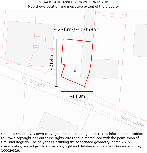 6, BACK LANE, ASSELBY, GOOLE, DN14 7HD: Plot and title map