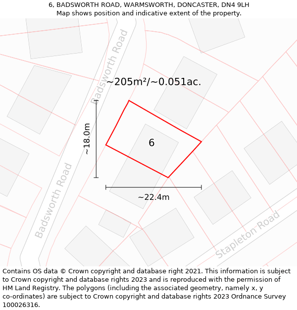 6, BADSWORTH ROAD, WARMSWORTH, DONCASTER, DN4 9LH: Plot and title map