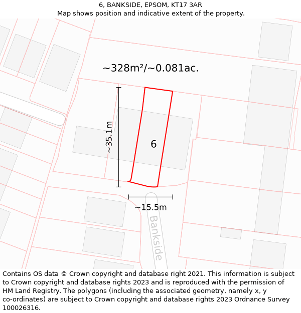 6, BANKSIDE, EPSOM, KT17 3AR: Plot and title map