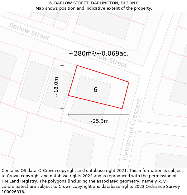 6, BARLOW STREET, DARLINGTON, DL3 9NX: Plot and title map