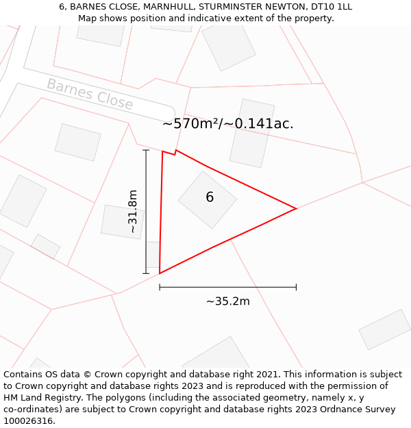 6, BARNES CLOSE, MARNHULL, STURMINSTER NEWTON, DT10 1LL: Plot and title map