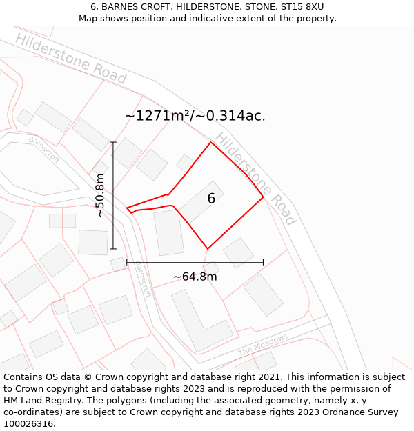 6, BARNES CROFT, HILDERSTONE, STONE, ST15 8XU: Plot and title map