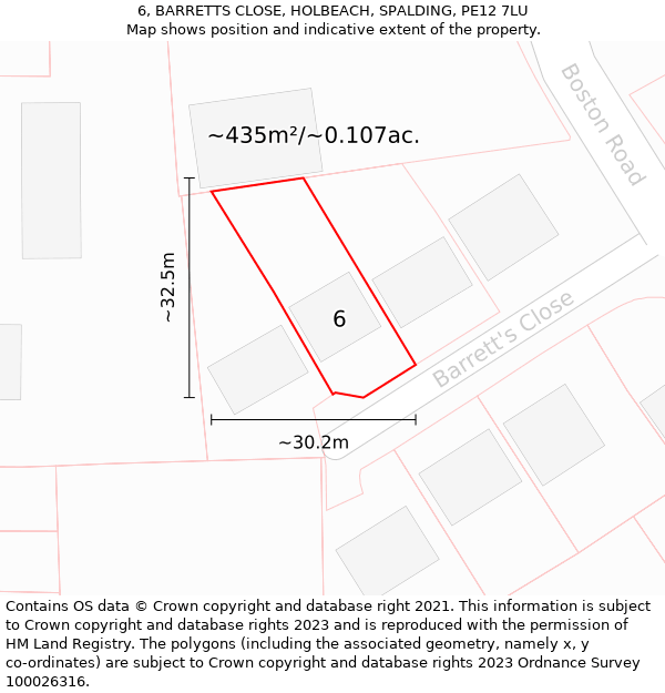 6, BARRETTS CLOSE, HOLBEACH, SPALDING, PE12 7LU: Plot and title map