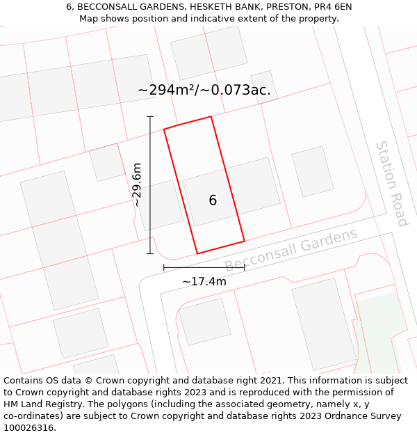 6, BECCONSALL GARDENS, HESKETH BANK, PRESTON, PR4 6EN: Plot and title map