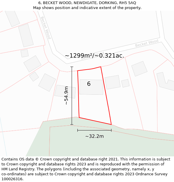 6, BECKET WOOD, NEWDIGATE, DORKING, RH5 5AQ: Plot and title map