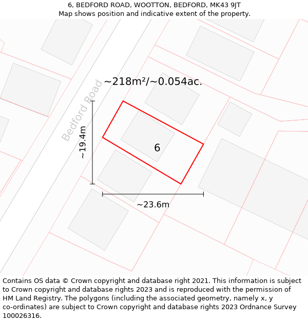 6, BEDFORD ROAD, WOOTTON, BEDFORD, MK43 9JT: Plot and title map