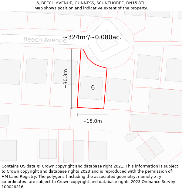 6, BEECH AVENUE, GUNNESS, SCUNTHORPE, DN15 8TL: Plot and title map