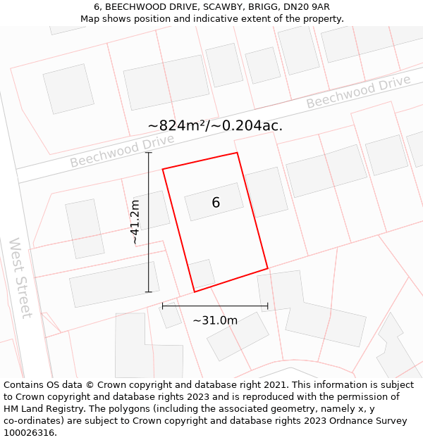 6, BEECHWOOD DRIVE, SCAWBY, BRIGG, DN20 9AR: Plot and title map