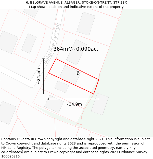 6, BELGRAVE AVENUE, ALSAGER, STOKE-ON-TRENT, ST7 2BX: Plot and title map