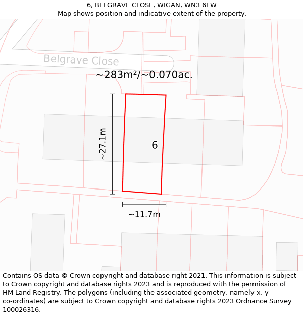 6, BELGRAVE CLOSE, WIGAN, WN3 6EW: Plot and title map