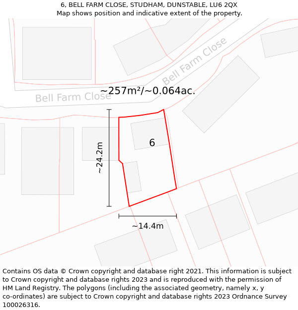 6, BELL FARM CLOSE, STUDHAM, DUNSTABLE, LU6 2QX: Plot and title map