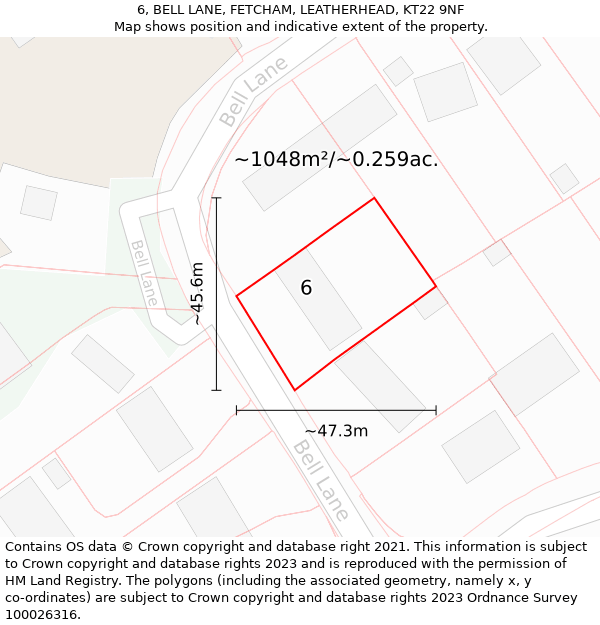 6, BELL LANE, FETCHAM, LEATHERHEAD, KT22 9NF: Plot and title map