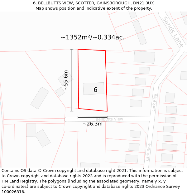 6, BELLBUTTS VIEW, SCOTTER, GAINSBOROUGH, DN21 3UX: Plot and title map