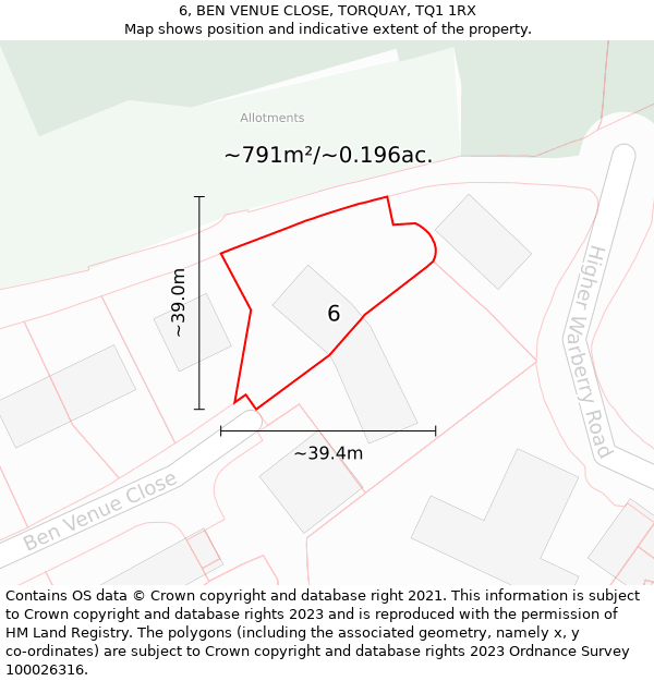 6, BEN VENUE CLOSE, TORQUAY, TQ1 1RX: Plot and title map