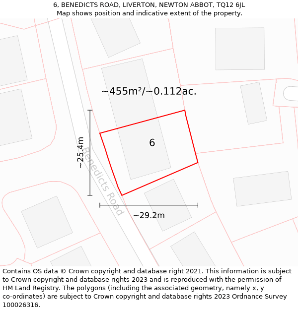 6, BENEDICTS ROAD, LIVERTON, NEWTON ABBOT, TQ12 6JL: Plot and title map