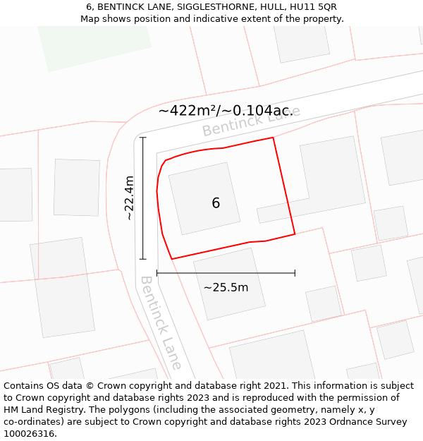 6, BENTINCK LANE, SIGGLESTHORNE, HULL, HU11 5QR: Plot and title map