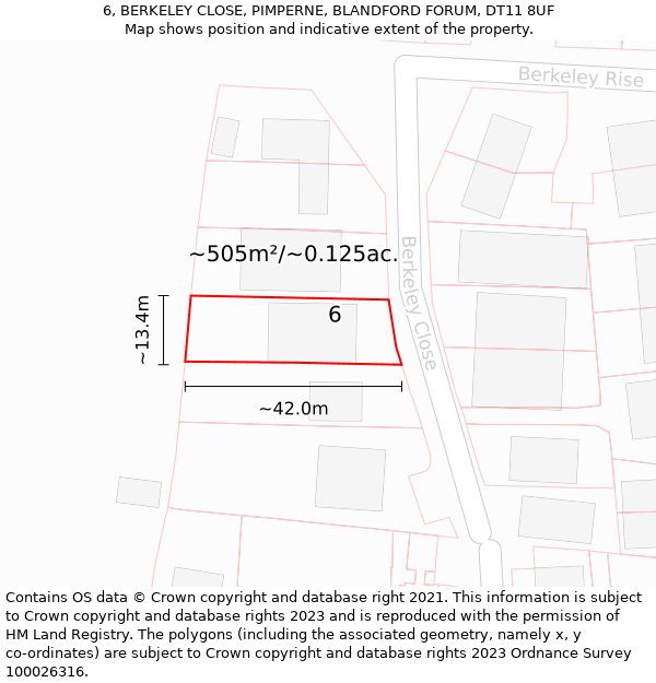 6, BERKELEY CLOSE, PIMPERNE, BLANDFORD FORUM, DT11 8UF: Plot and title map