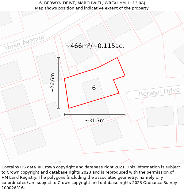 6, BERWYN DRIVE, MARCHWIEL, WREXHAM, LL13 0AJ: Plot and title map