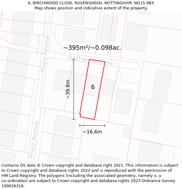 6, BIRCHWOOD CLOSE, RAVENSHEAD, NOTTINGHAM, NG15 9BX: Plot and title map