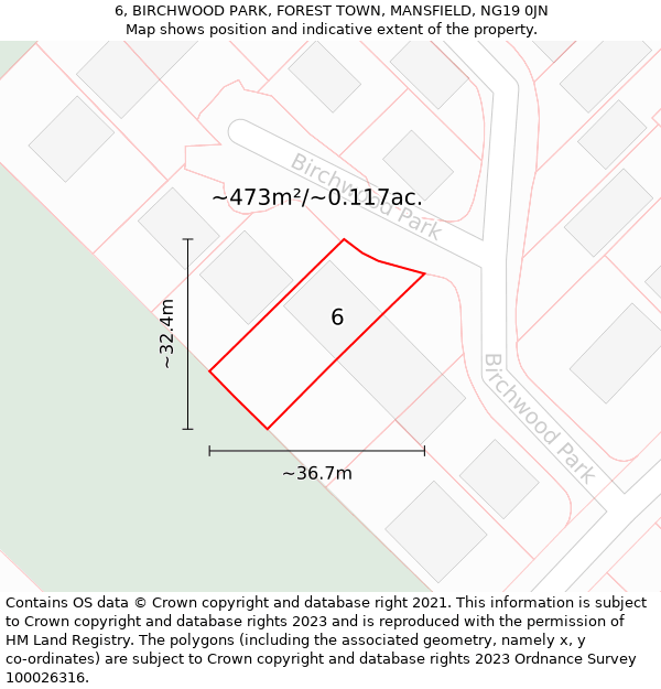 6, BIRCHWOOD PARK, FOREST TOWN, MANSFIELD, NG19 0JN: Plot and title map