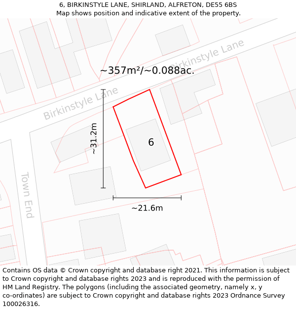 6, BIRKINSTYLE LANE, SHIRLAND, ALFRETON, DE55 6BS: Plot and title map