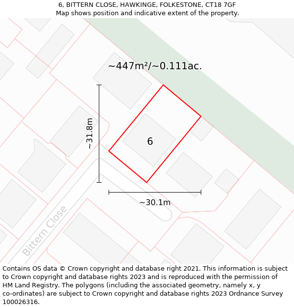 6, BITTERN CLOSE, HAWKINGE, FOLKESTONE, CT18 7GF: Plot and title map