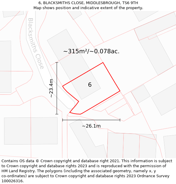 6, BLACKSMITHS CLOSE, MIDDLESBROUGH, TS6 9TH: Plot and title map