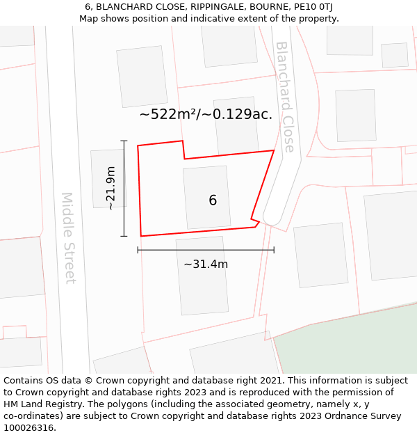 6, BLANCHARD CLOSE, RIPPINGALE, BOURNE, PE10 0TJ: Plot and title map