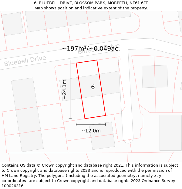 6, BLUEBELL DRIVE, BLOSSOM PARK, MORPETH, NE61 6FT: Plot and title map