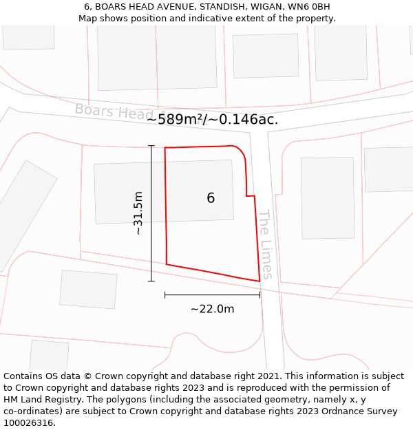 6, BOARS HEAD AVENUE, STANDISH, WIGAN, WN6 0BH: Plot and title map