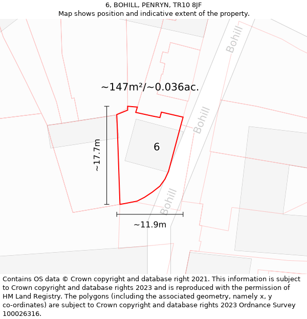 6, BOHILL, PENRYN, TR10 8JF: Plot and title map