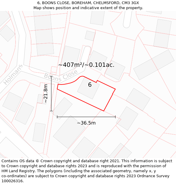 6, BOONS CLOSE, BOREHAM, CHELMSFORD, CM3 3GX: Plot and title map