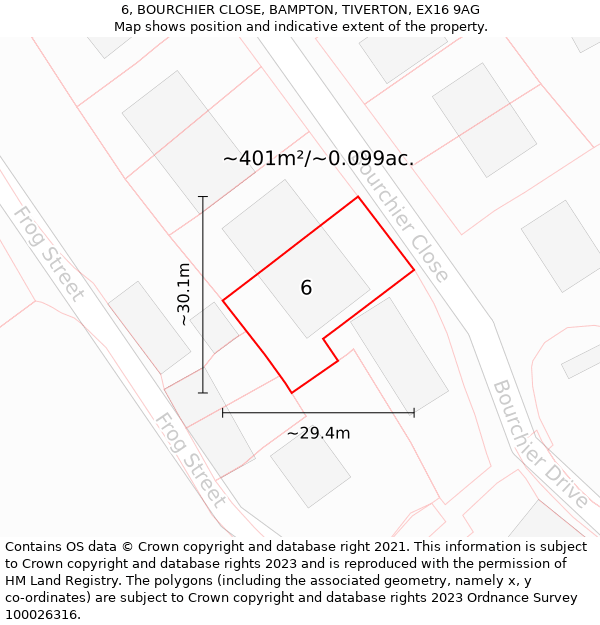 6, BOURCHIER CLOSE, BAMPTON, TIVERTON, EX16 9AG: Plot and title map