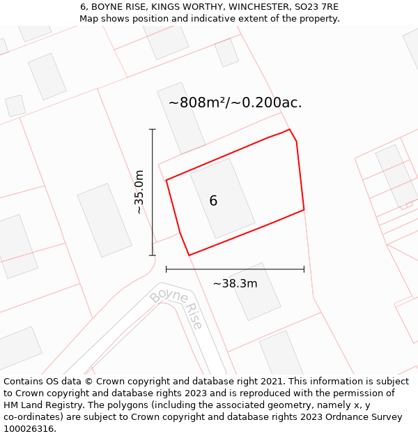 6, BOYNE RISE, KINGS WORTHY, WINCHESTER, SO23 7RE: Plot and title map