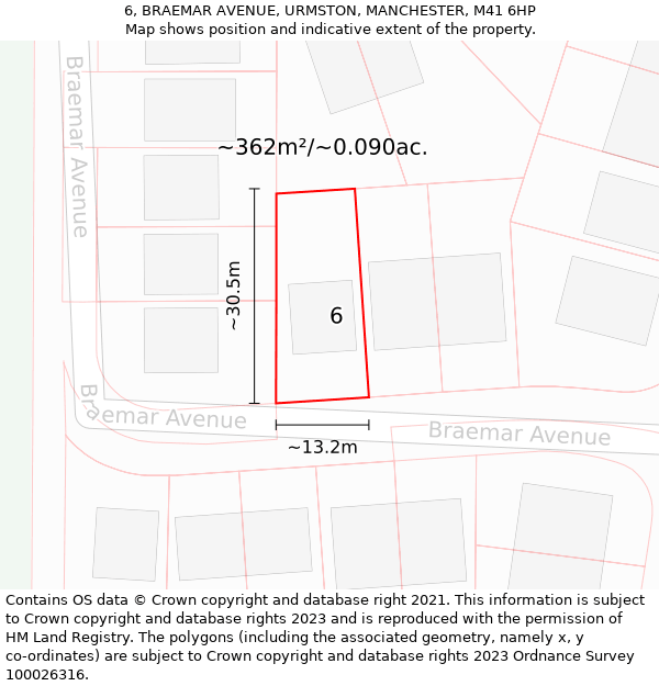 6, BRAEMAR AVENUE, URMSTON, MANCHESTER, M41 6HP: Plot and title map