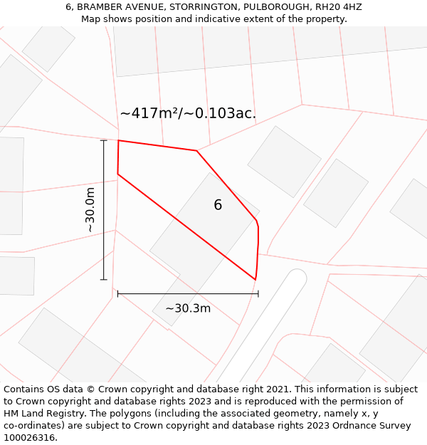 6, BRAMBER AVENUE, STORRINGTON, PULBOROUGH, RH20 4HZ: Plot and title map