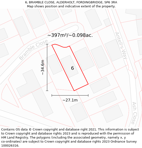 6, BRAMBLE CLOSE, ALDERHOLT, FORDINGBRIDGE, SP6 3RA: Plot and title map