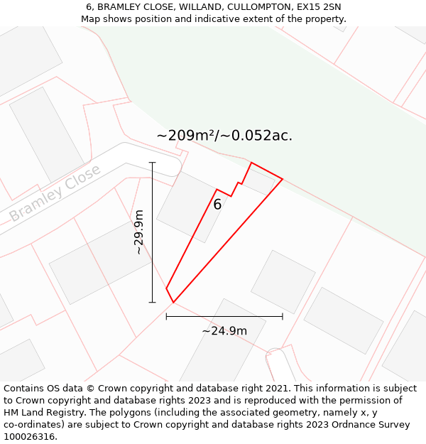 6, BRAMLEY CLOSE, WILLAND, CULLOMPTON, EX15 2SN: Plot and title map