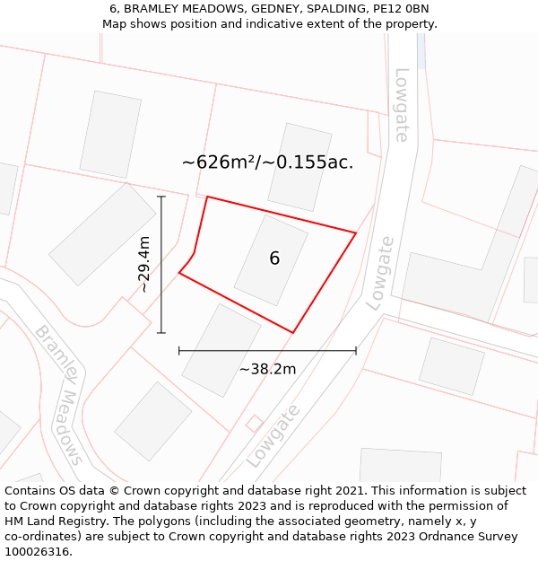 6, BRAMLEY MEADOWS, GEDNEY, SPALDING, PE12 0BN: Plot and title map