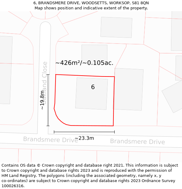 6, BRANDSMERE DRIVE, WOODSETTS, WORKSOP, S81 8QN: Plot and title map