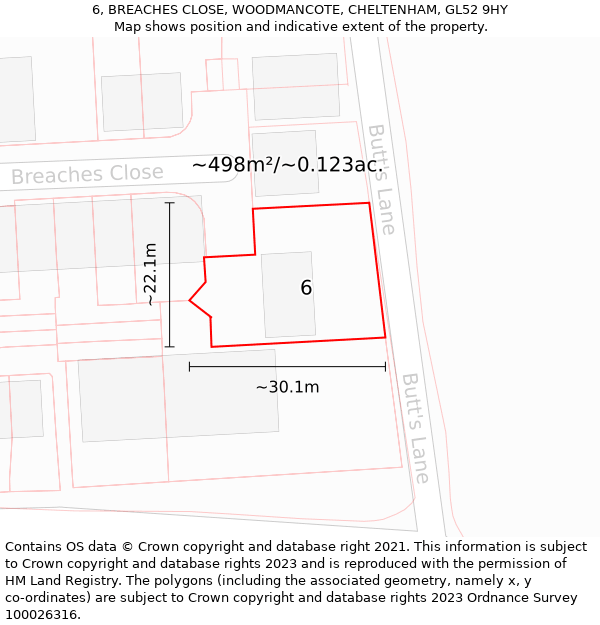 6, BREACHES CLOSE, WOODMANCOTE, CHELTENHAM, GL52 9HY: Plot and title map