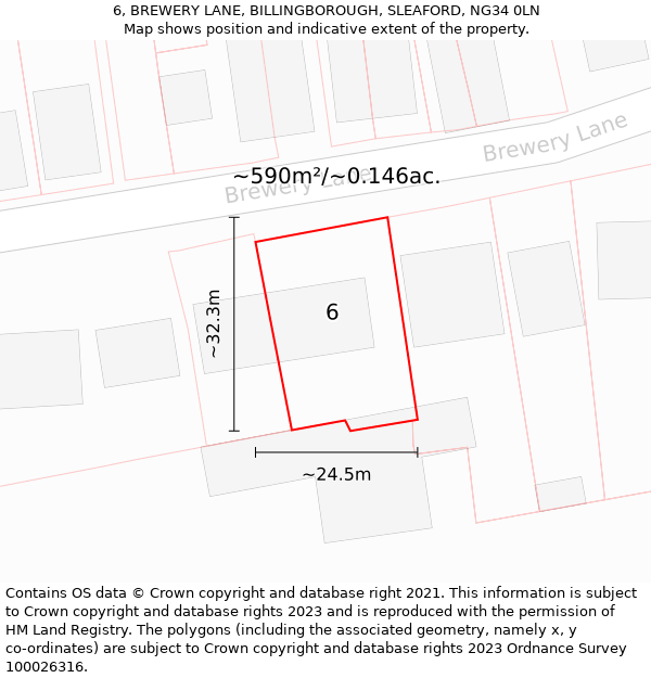 6, BREWERY LANE, BILLINGBOROUGH, SLEAFORD, NG34 0LN: Plot and title map