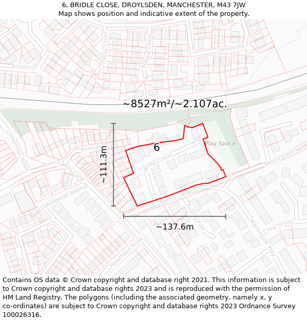 6, BRIDLE CLOSE, DROYLSDEN, MANCHESTER, M43 7JW: Plot and title map