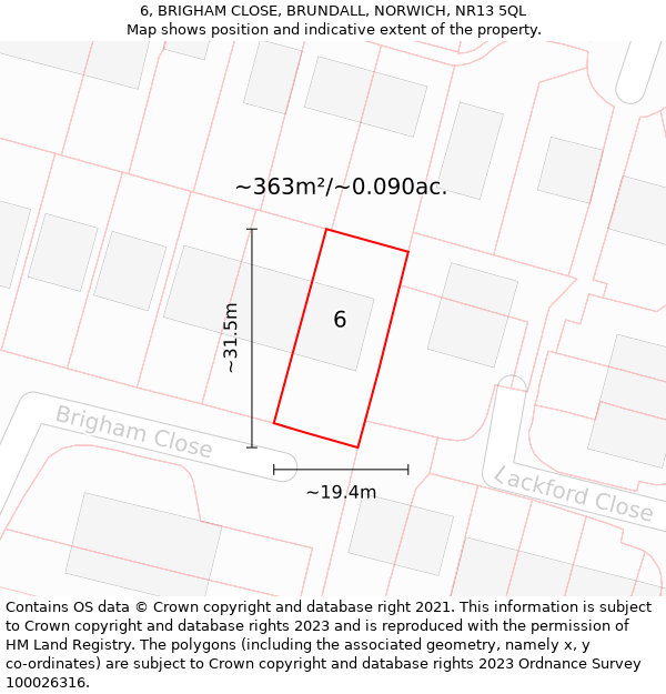 6, BRIGHAM CLOSE, BRUNDALL, NORWICH, NR13 5QL: Plot and title map