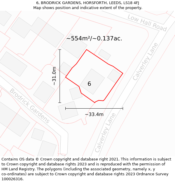 6, BRODRICK GARDENS, HORSFORTH, LEEDS, LS18 4FJ: Plot and title map