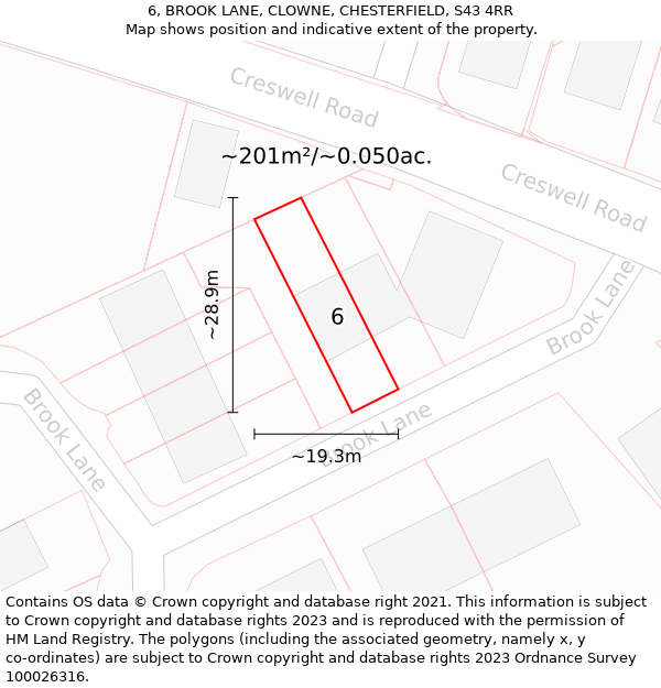 6, BROOK LANE, CLOWNE, CHESTERFIELD, S43 4RR: Plot and title map